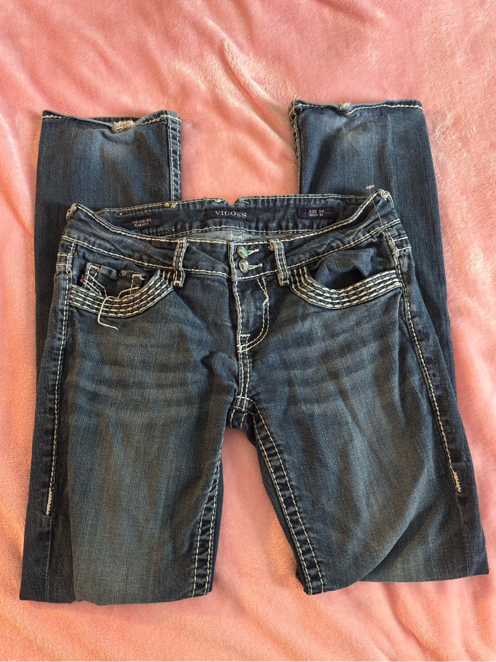 Vigoss Chelsea Slim Bootcut Low Rise Distressed Jeans Size 7/8 Length 33